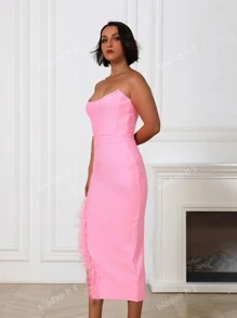Sexy Side Cut-Out Bra Top With Artificial Feather Details Bodycon Party Midi Dress