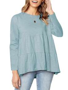 Chất rắn Xù Hoa Sen Áo thun - Màu xanh lam - Xem 1