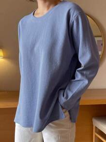 DAZY 素色落肩袖下擺開叉T恤 - 藍色 - 查看 4