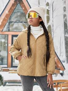 SHEIN Tween Girl 1pc Drop Shoulder Zipper Hooded Thermal Lined Quilted Coat - Khaki - View 5