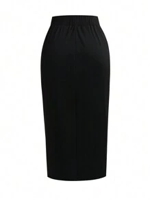 SHEIN Clasi 大碼紐扣細節鉛筆裙 - 黑色 - 查看 2