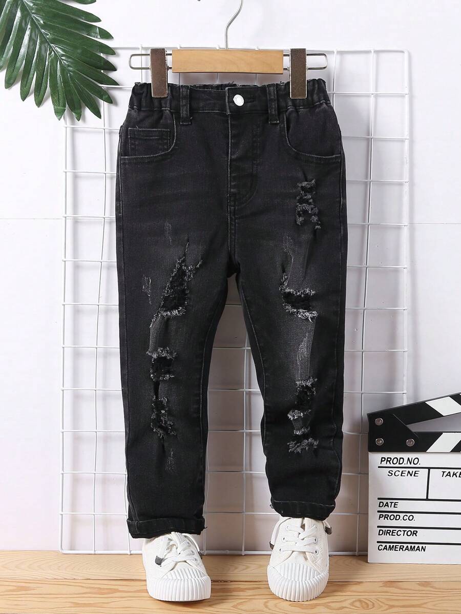 Chàng trai trẻ Rách Frayed Quần legging thẳng - màu đen - Xem 1
