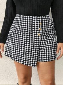 SHEIN Frenchy Plus Houndstooth Print Button Front Skort Summer Women Clothes - Black and White - View 1