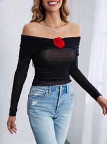 SHEIN Privé Off Shoulder Ruched Mesh Tee - Black - View 6