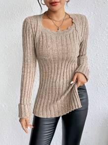 SHEIN Frenchy Women's Solid Color Minimalist Long Sleeve Sweater, Everyday Wear Winter Casual - Apricot - View 3