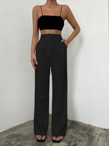 EURMUSE Solid High Waist Wide Leg Suit Pants - Black - View 6