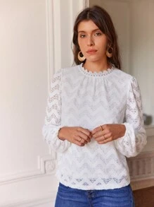 SHEIN Frenchy Guipure Lace Trim Lantern Sleeve Blouse