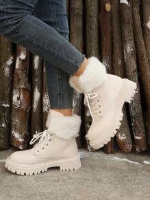 女士时尚柔软舒适春/秋/冬靴，配白色鞋带和保暖内衬 - 米色 - 查看 7