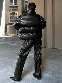 EURMUSE Zip Up Snap Button Puffer Coat - Black - View 2