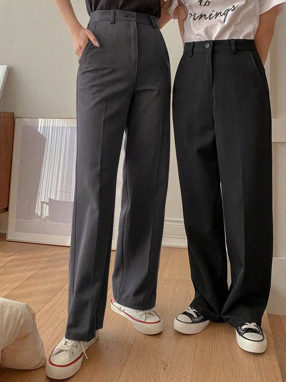 Women's Solid Color Pocket Straight Loose Fit Casual Pants Business Attire