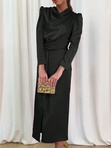 Draped Collar Puff Sleeve Draped Front Satin Dress - Black - View 2