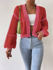 SHEIN Unity 女士休闲日常通勤撞色落肩宽松短款开衫，秋冬 - 彩色 - 查看 5