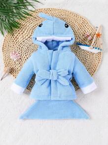 SHEIN Bebis Pojke Tecknat Broderi 3D Öron Design Huva Bälte Flanell Kostym Fjäderbeklädnad