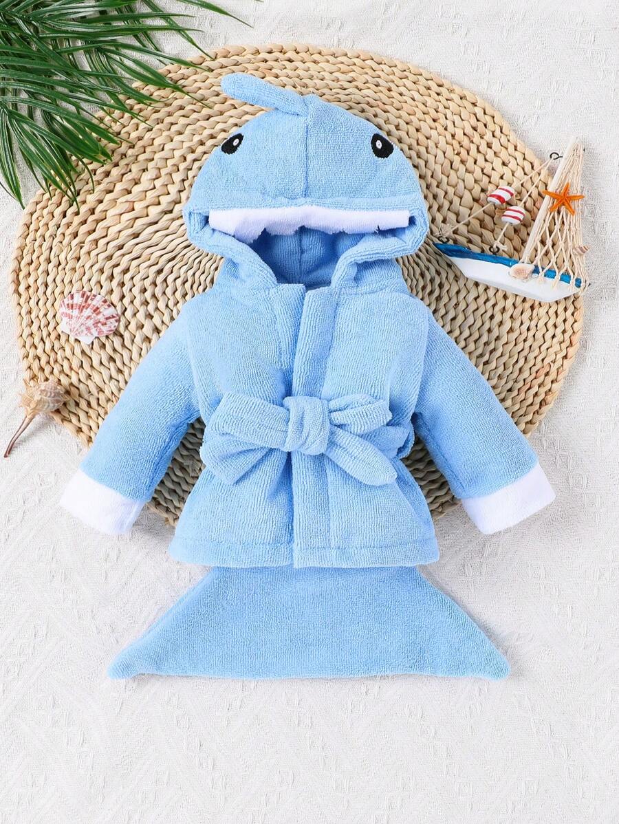 SHEIN Bebis Pojke Tecknat Broderi 3D Öron Design Huva Bälte Flanell Kostym Fjäderbeklädnad