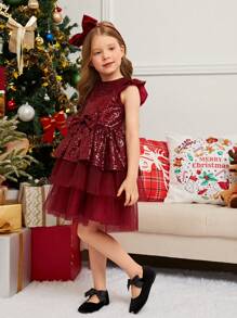 SHEIN Little Girls Sequin Decor Round Neck Cap Sleeve Glamorous Party Dress, Mommy & Me