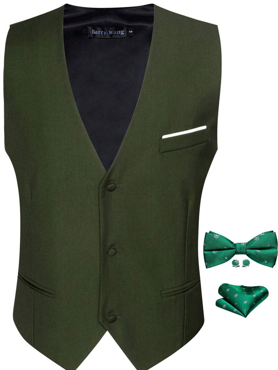 Men Button Front Waistcoat - Green - View 1