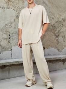 Claim Dot 寬鬆款男士垂墜肩t恤和束腰束口長褲 - 卡其色 - 查看 1