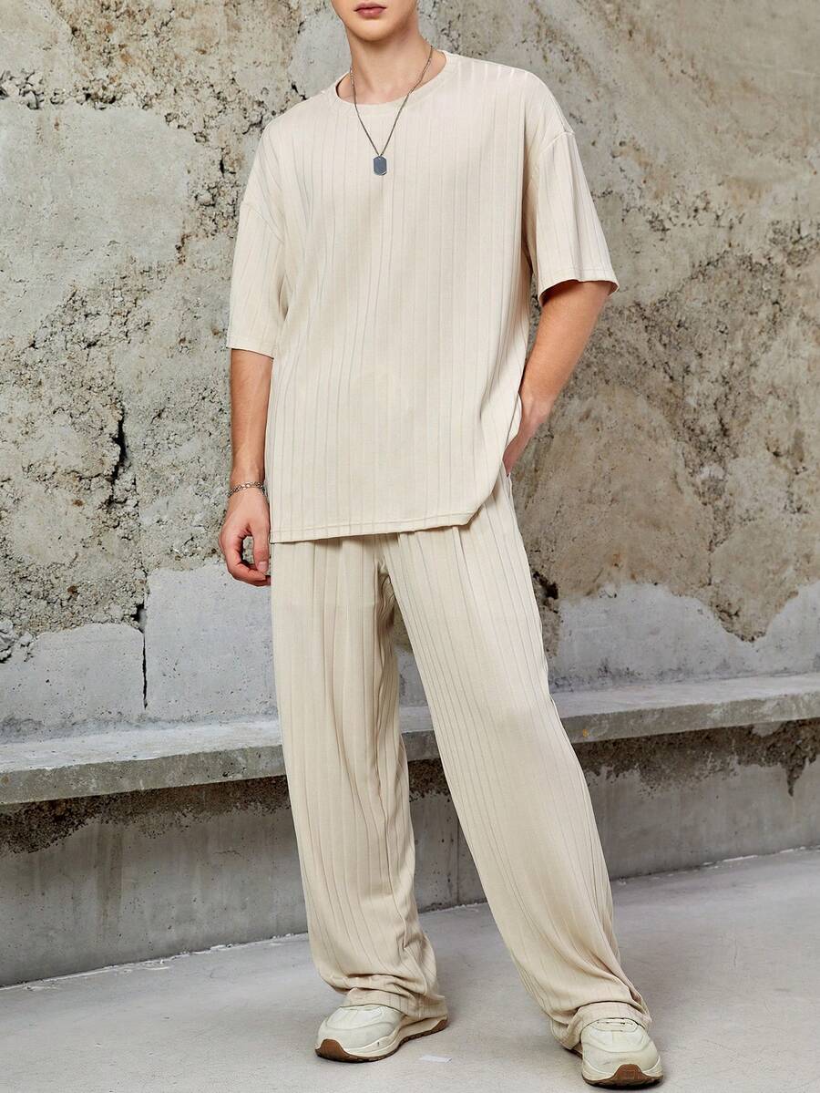 Claim Dot 寬鬆款男士垂墜肩t恤和束腰束口長褲 - 卡其色 - 查看 1