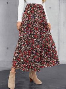 EMERY ROSE Allover Floral Print Ruffle Hem Skirt - Red Violet - View 3