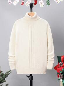 SHEIN 男大童高領素色套頭毛衣 - 杏色 - 查看 1