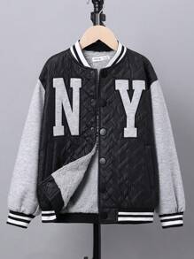 SHEIN 男大童字母刺繡條紋飾邊落肩袖加絨內裏棒球領絎縫外套 - 彩色 - 查看 5