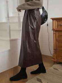DAZY Solid Slant Pocket Split Back Straight Skirt Fall,Winter Leather Skirt - Brown - View 7