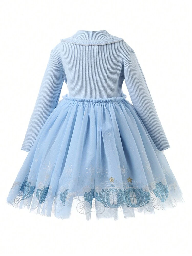 Tween Girl Snowflake Print Mesh Overlay Dress