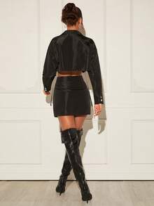 SHEIN BAE Flap Pocket Button Front Drop Shoulder Crop Jacket - Black - View 2