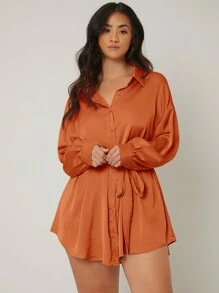 SHEIN Essnce Plus Drop Shoulder Belted Shirt - Rust Brown - View 3