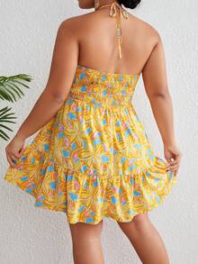 SHEIN VCAY Plus Floral Print Cut Out Tie Backless Ruffle Hem Halter Dress - Yellow - View 2