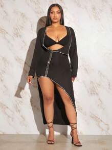 SHEIN SXY Talla grande Abrigo en contraste con diamante de imitación con parte delantera abierta - Negro - Ver 1