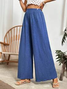 SHEIN VCAY Solid Wide Leg Pants - Navy Blue - View 6