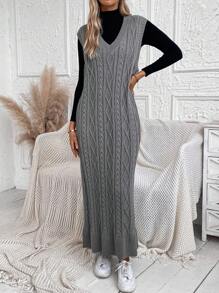 SHEIN LUNE 1pc Cable Knit Sweater Dress Without Belt In Fall/Winter - Dark Grey - View 4