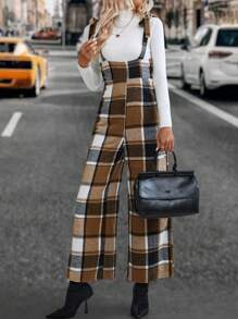 SHEIN Clasi Plaid Print Overall Jumpsuit Without Tee - Multicolor - View 3