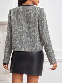 SHEIN Privé Contrast Trim Button Front Tweed Overcoat - Grey - View 2