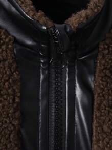 Young Boy Letter Patched Contrast PU Leather Panel Teddy Jacket - Multicolor - View 4