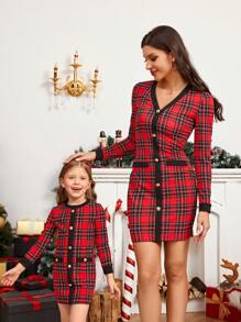 SHEIN Young Girl Knit Plaid Colorblock Fitted Dress, Mommy And Me Matching Outfits (2 Pieces Are Sold Separately), For Christmas