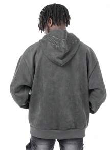 Men Letter Embroidery Kangaroo Pocket Drop Shoulder Hoodie