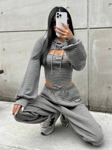 SHEIN EZwear Letter Patched Detail Cutout Drawstring Hoodie & Sweatpants - Dark Grey - View 4