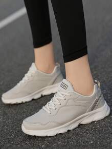 Women Solid Color Lace-Up Casual Lightweight Comfort Student Sneakers, Suitable For All Seasons, Beige