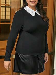 SHEIN Frenchy Plus Contrast Collar Black T Shirt