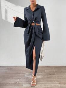 SHEIN Clasi Solid Knot Front Shirt Dress - Dark Grey - View 2