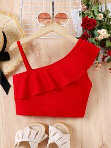 Sparklyn Tween Girl Asymmetrical Neck Ruffle Trim Crop Top,Holiday,Summer,Travel - Red - View 2