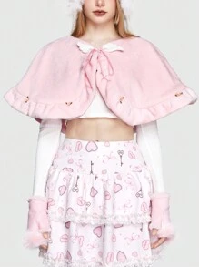 ROMWE Kawaii Appliques Tie Neck Cape Coat - Pink - View 2