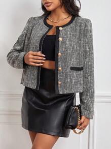 SHEIN Privé Contrast Trim Button Front Tweed Overcoat - Grey - View 1