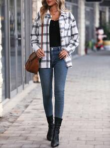 EMERY ROSE Abrigo con estampado de cuadros de hombros caídos con parche de bolsillo con botón delantero