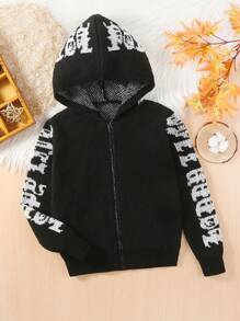 SHEIN Tween Girl Letter Pattern Hooded Cardigan - Black - View 1
