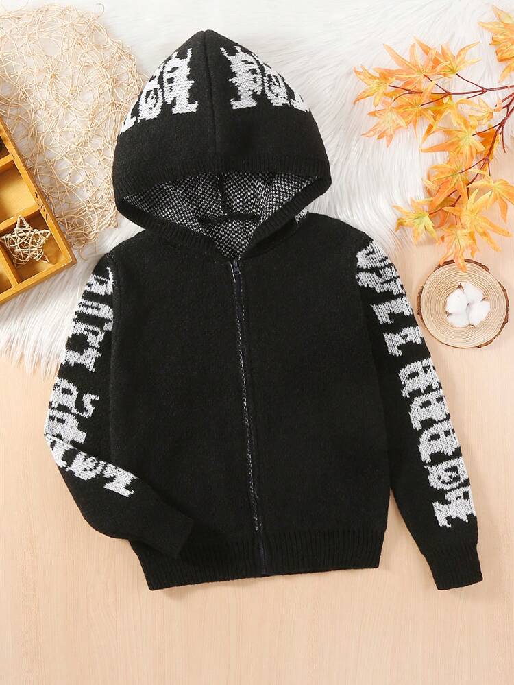 Tween Girl Letter Pattern Hooded Cardigan