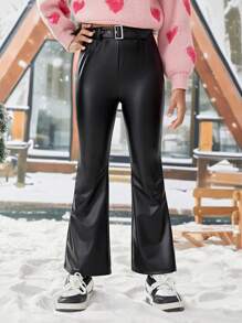 Tween Girl Star Pattern Flare Leg PU Leather Pants - Black - View 3