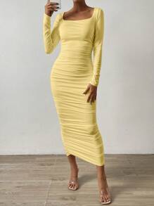 Chiquease Vestido ajustado de cuello cuadrado fruncido - Amarillo - Ver 1